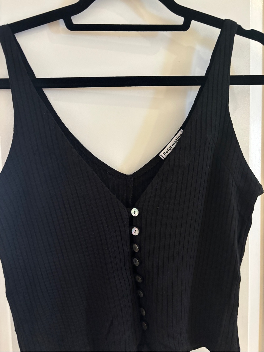 Reformation Black Ribbed Button-Front V-Neck Tank
